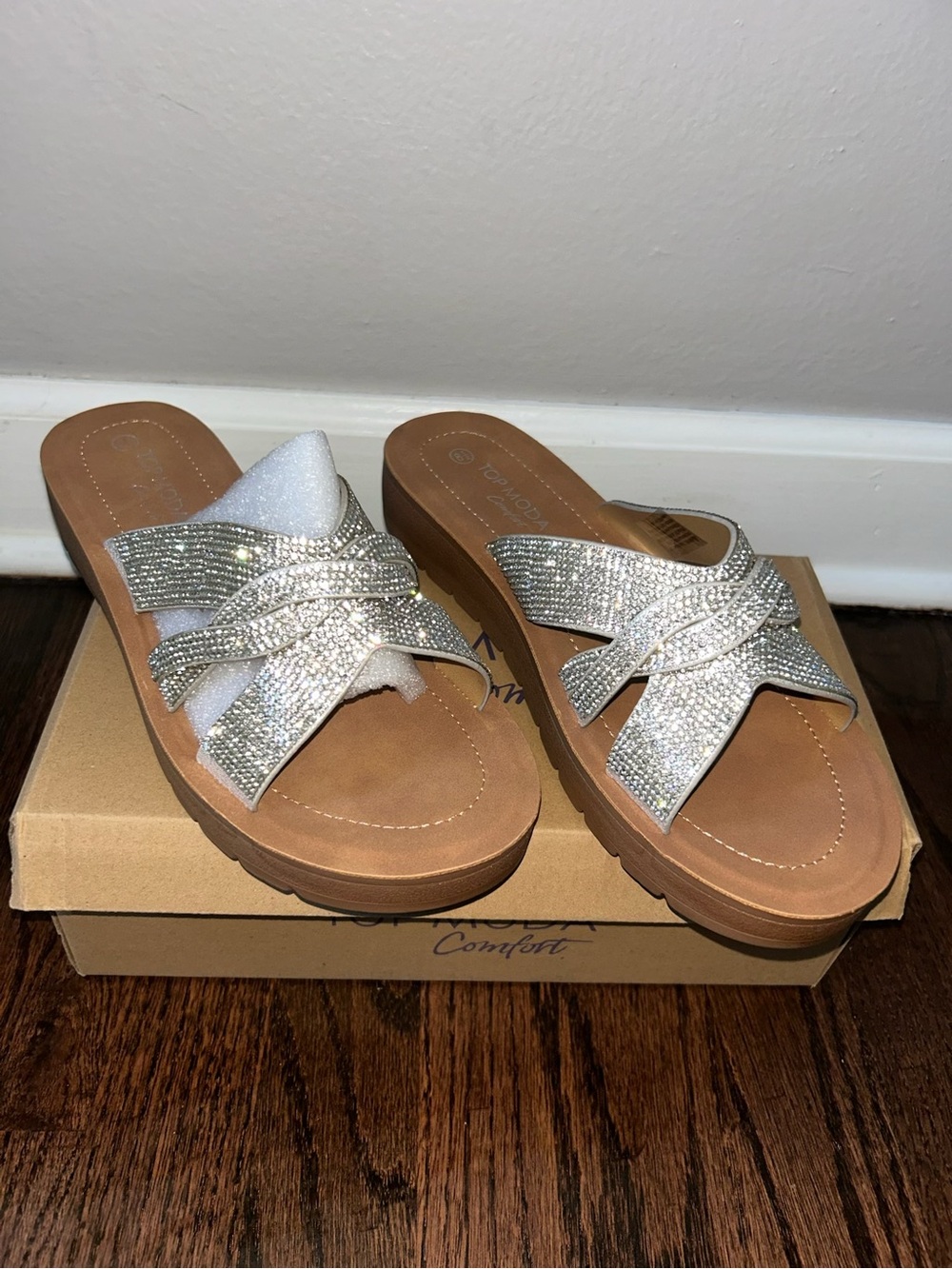 TOP Moda Sparkling Crisscross Slide Sandal - Silver